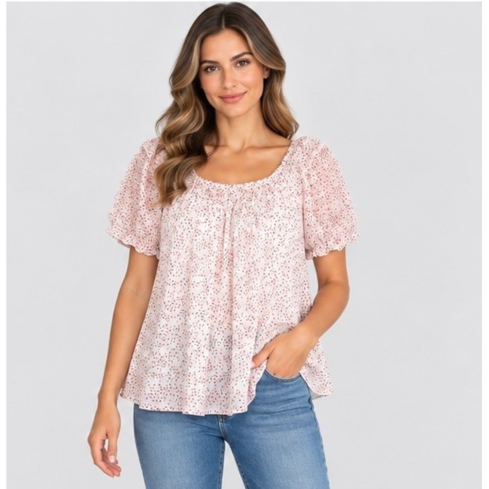 Fate Womens Medium White Pink Flowy Blouse Pleated Ruffle Sleeve Coquette Boho